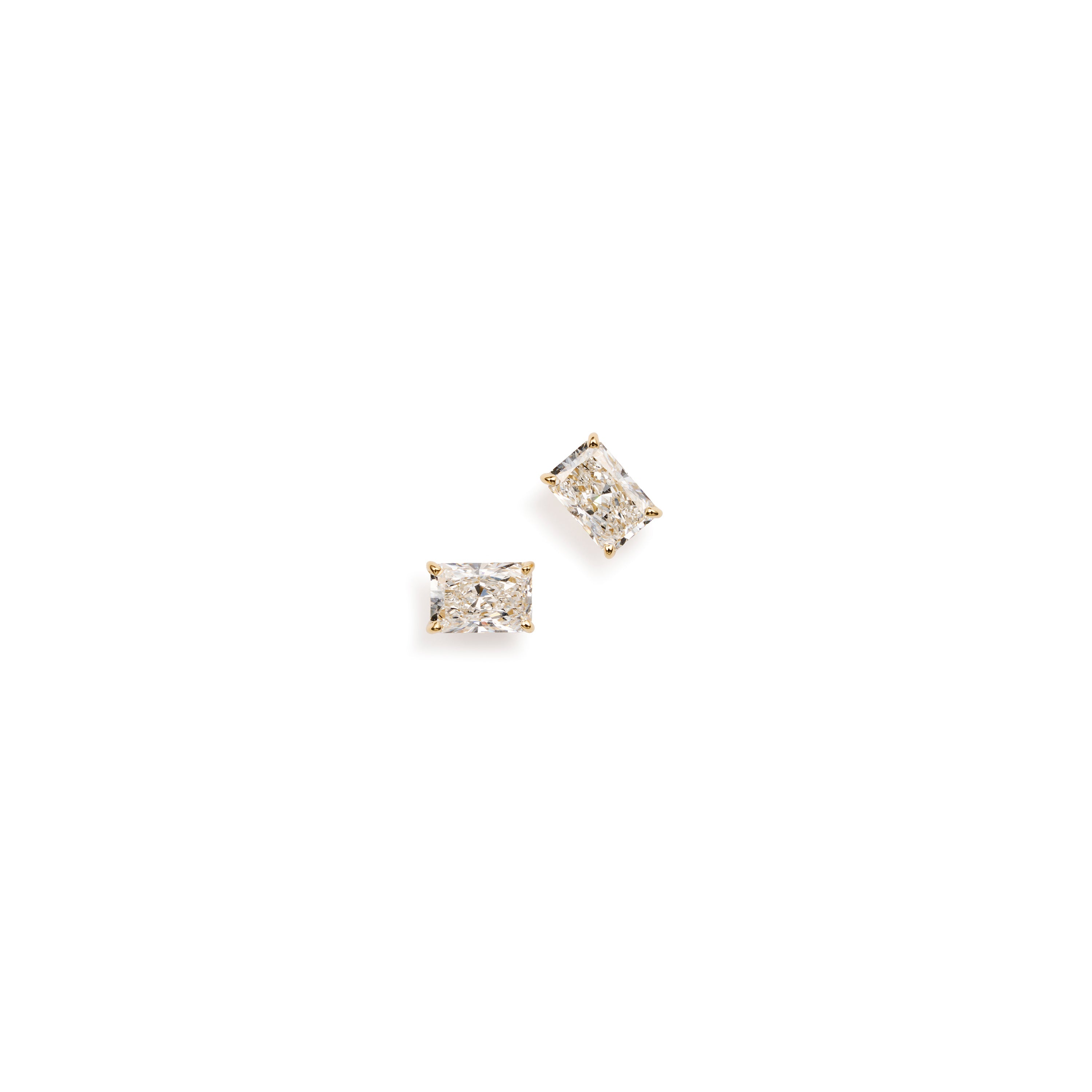 Front view: Long radiant lab diamond stud earrings in 18k yellow gold, 2.0 carat total weight, front view