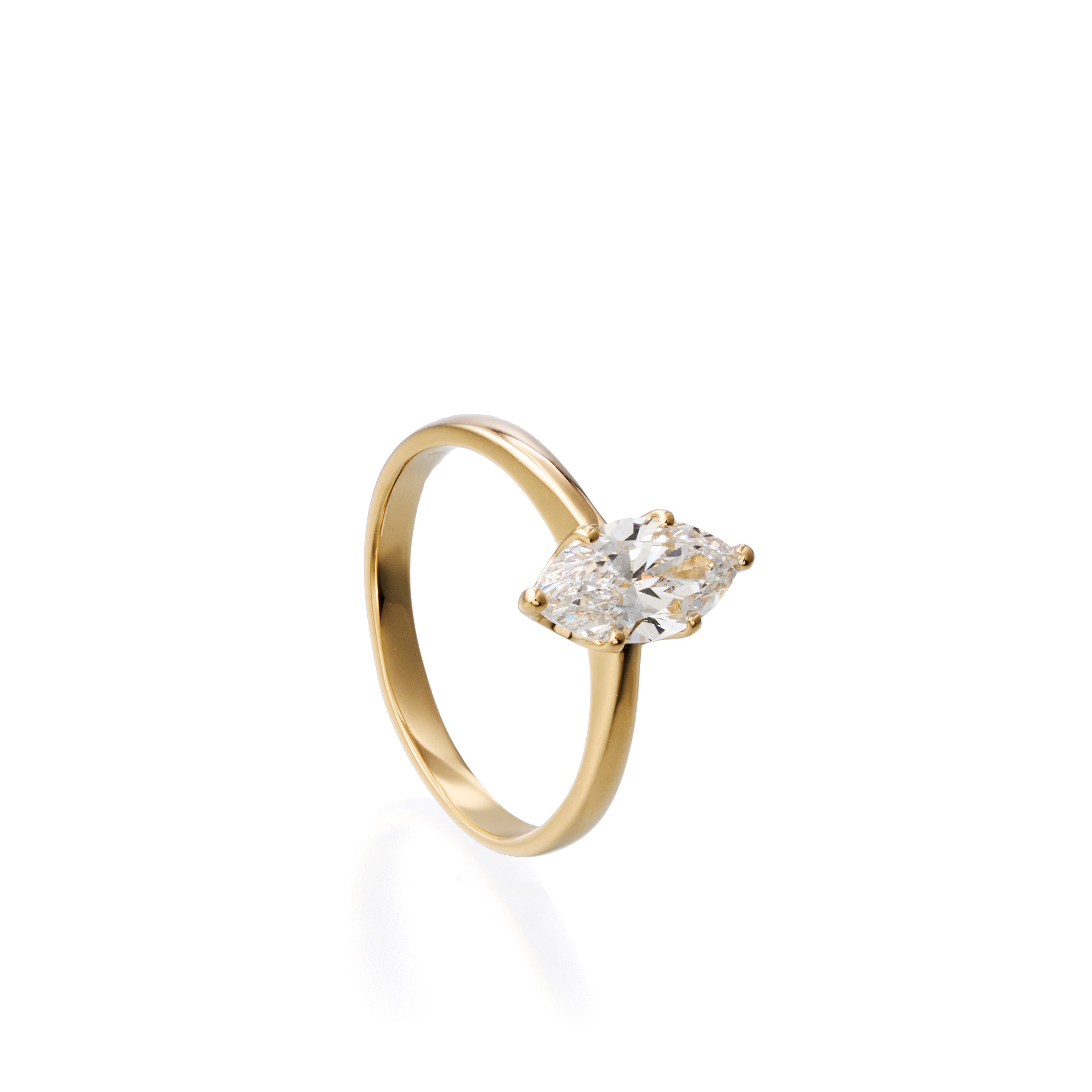 1.02 ct marquise lab-grown diamond ring in 18K yellow gold by FacetsN – 45 degree view