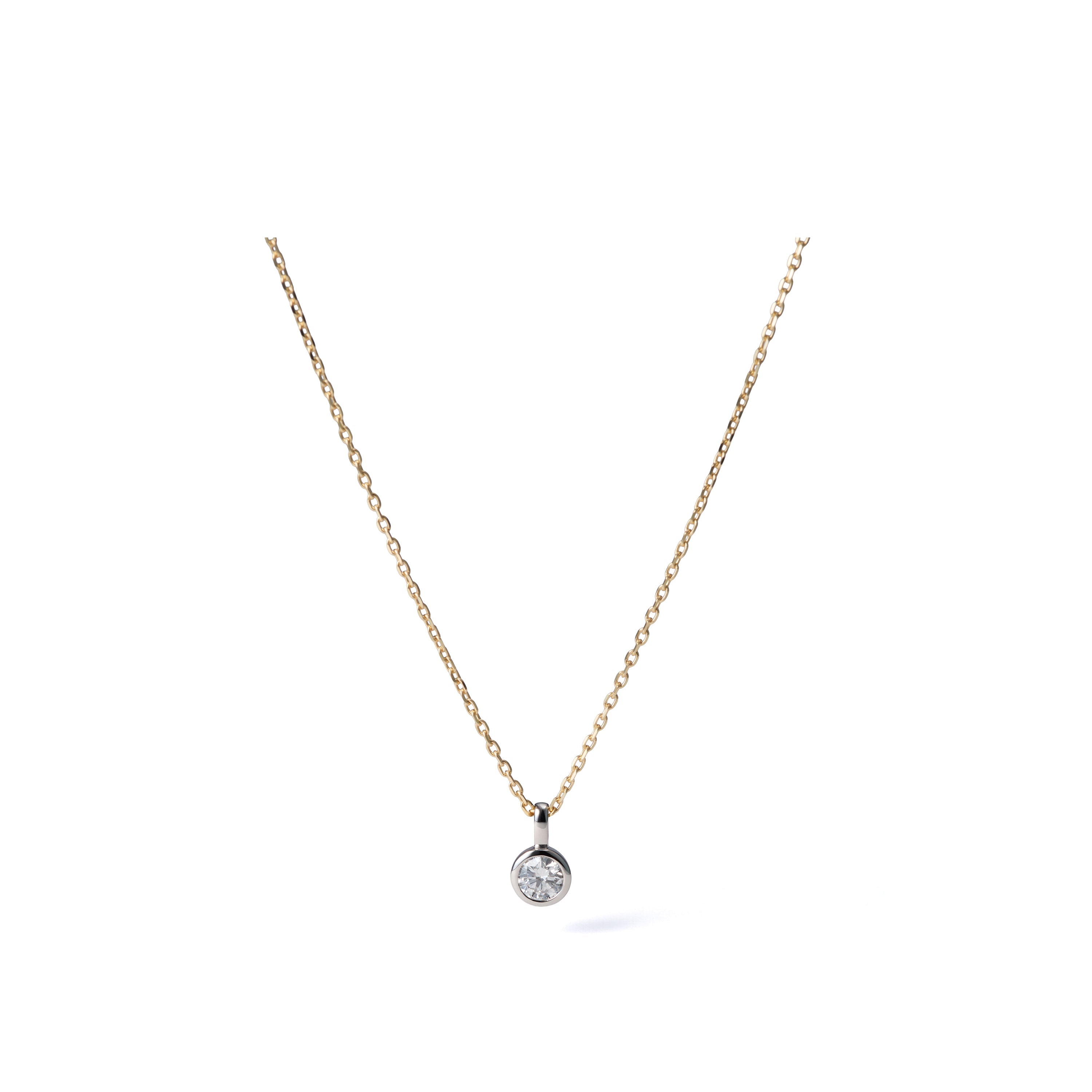 0.53 ct round brilliant lab-grown diamond necklace in platinum pendant with 18K yellow gold chain with bezel set on an azuki chain, full necklace view