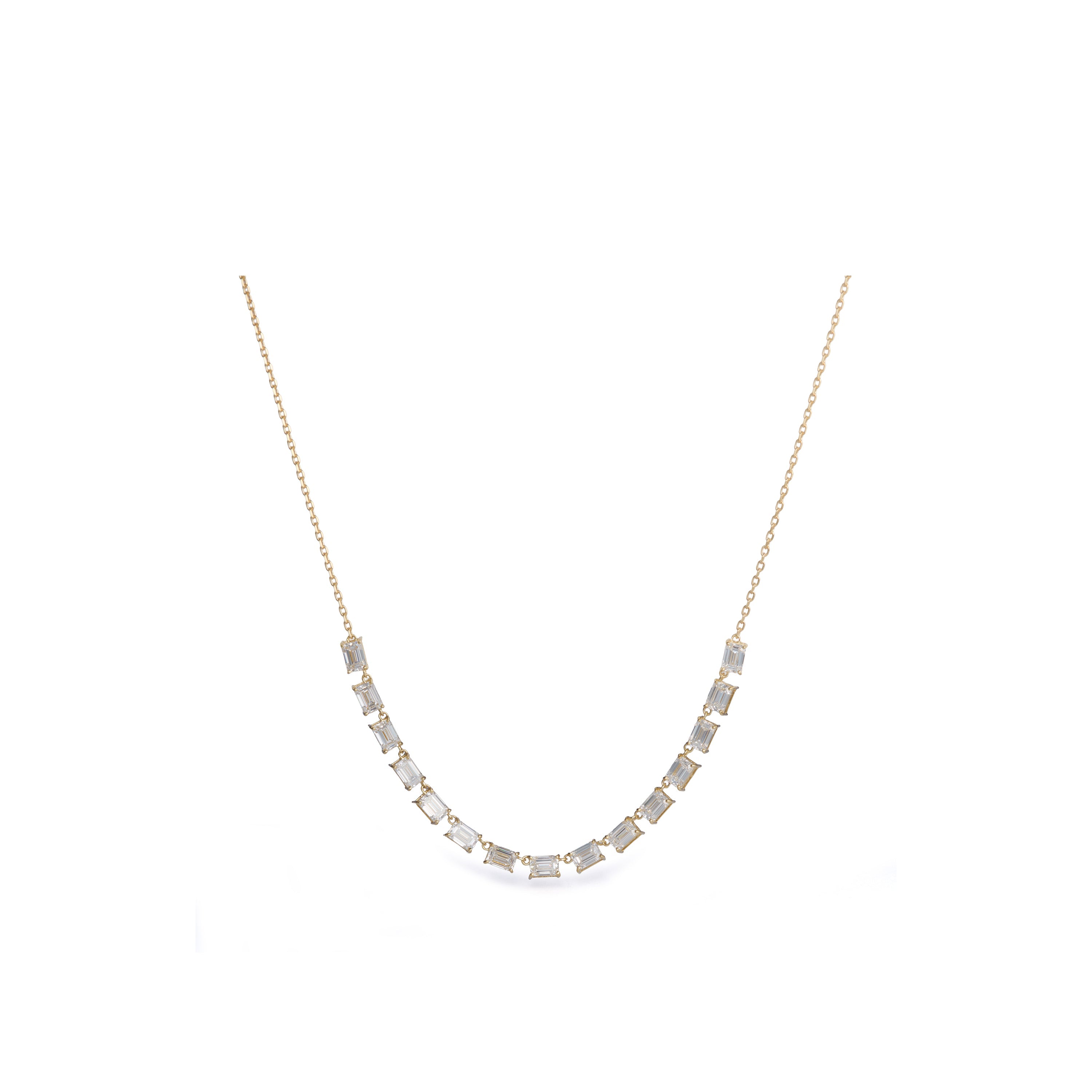 6.37 ct emerald-cut lab-grown diamond necklace in 18K yellow gold set east-west on an azuki chain, full necklace view