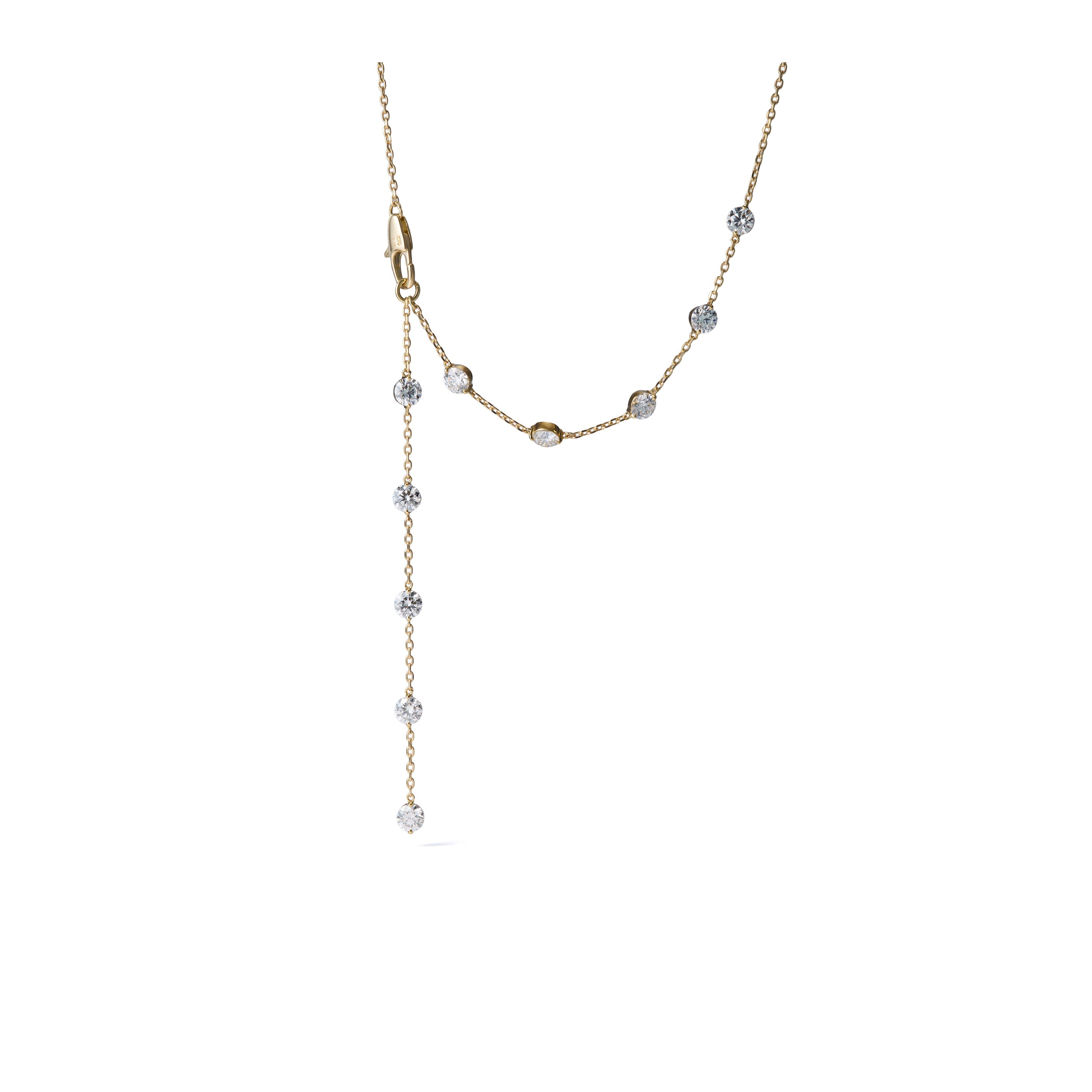 3.0 ct round brilliant lab-grown diamond station lariat necklace in 18K yellow gold on an azuki chain, full necklace view