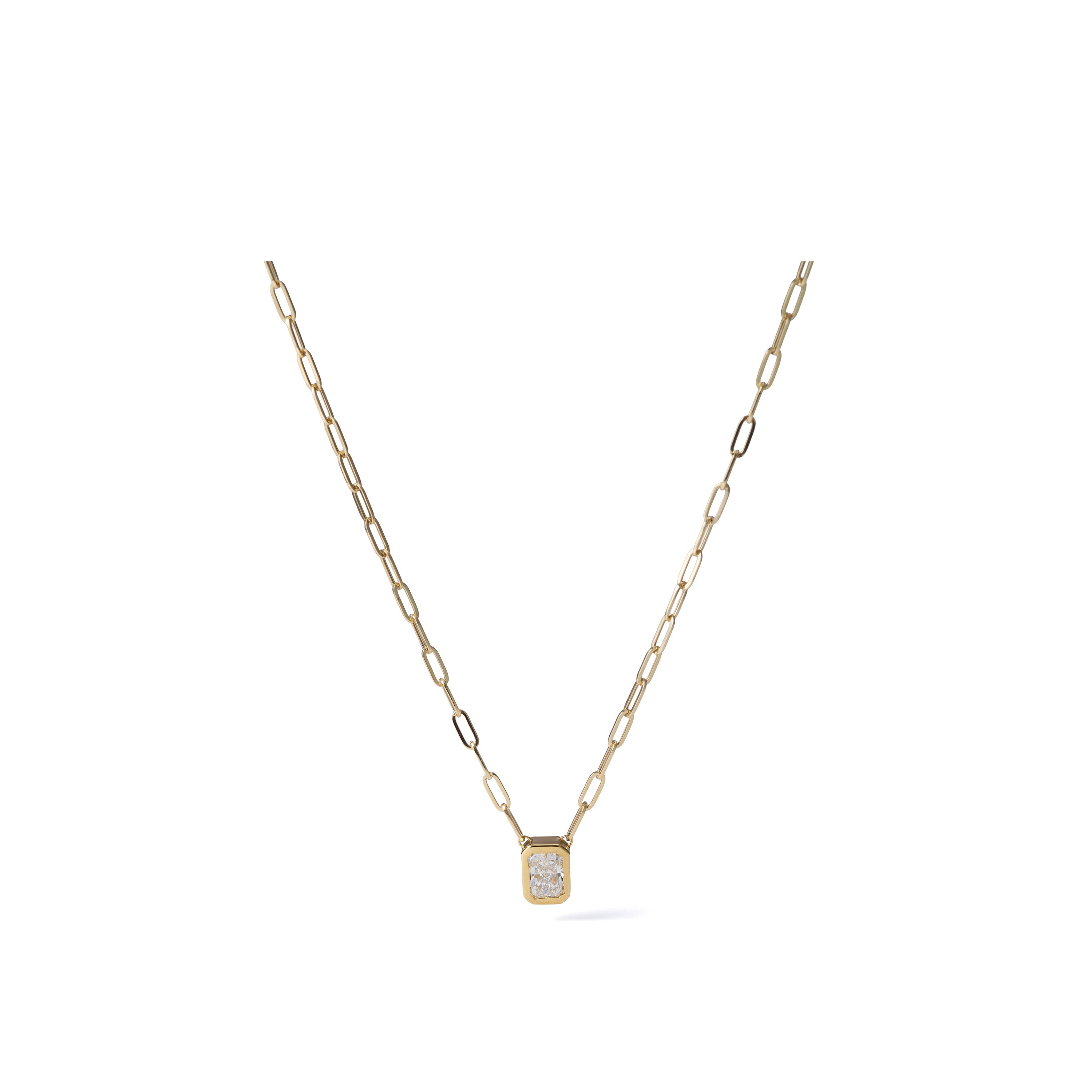 0.52 ct long radiant-cut lab-grown diamond necklace in 18K yellow gold Japanese azuki chain full necklace view on a white background.