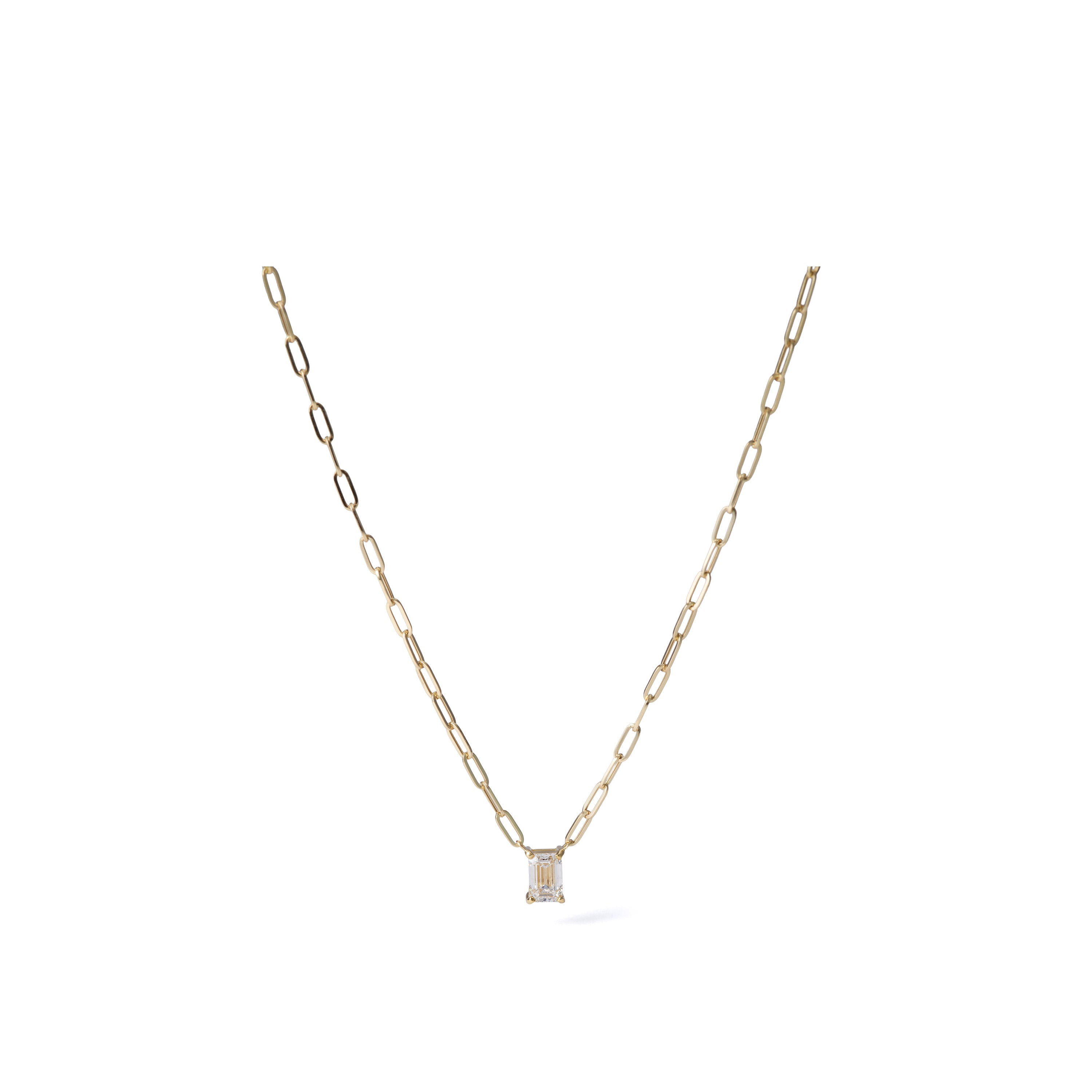 0.51 ct emerald-cut lab-grown diamond necklace in 18K yellow gold azuki chain, full necklace view on a white background.