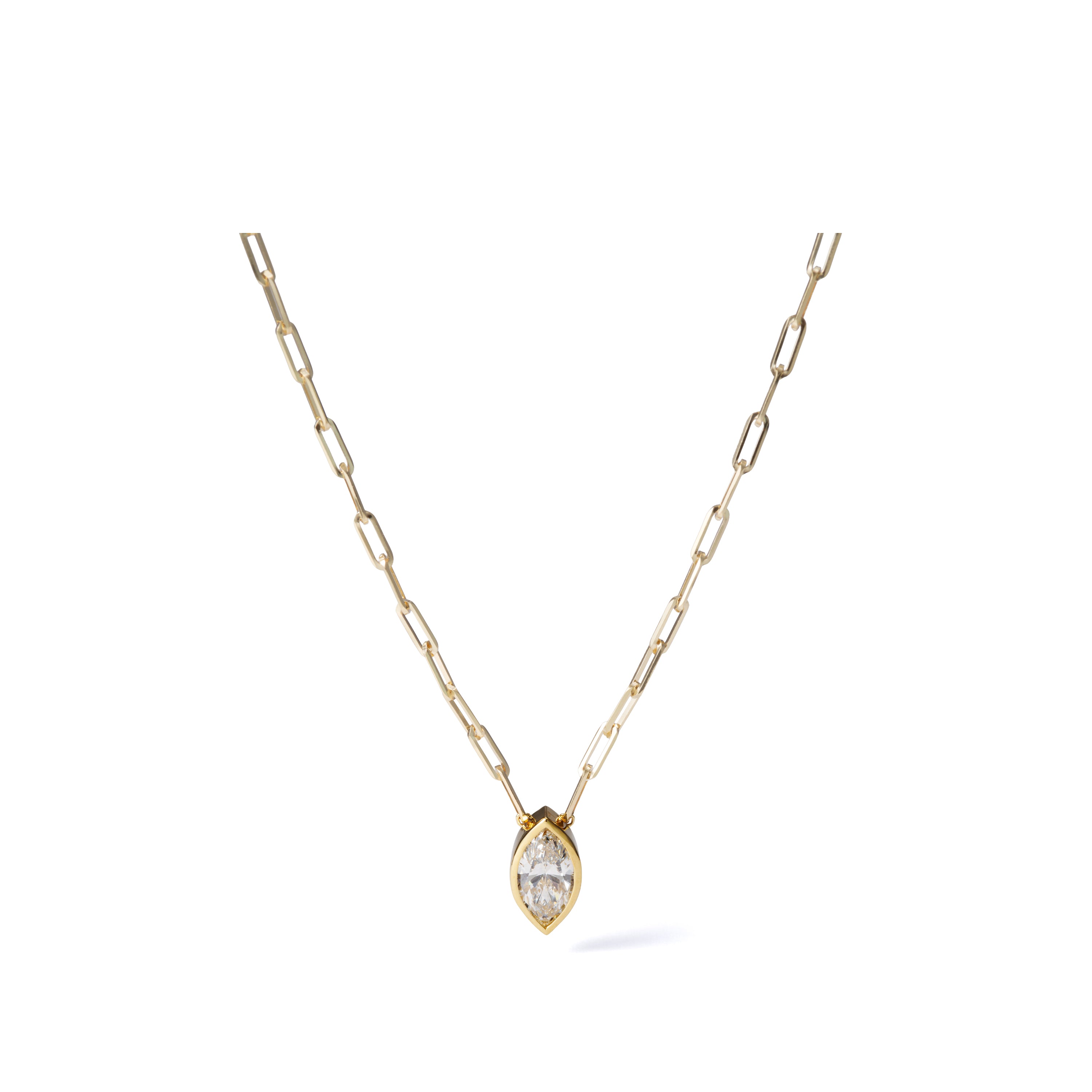 1.54 ct marquise-cut lab-grown diamond necklace in 18K yellow gold azuki chain, full necklace view on a white background.