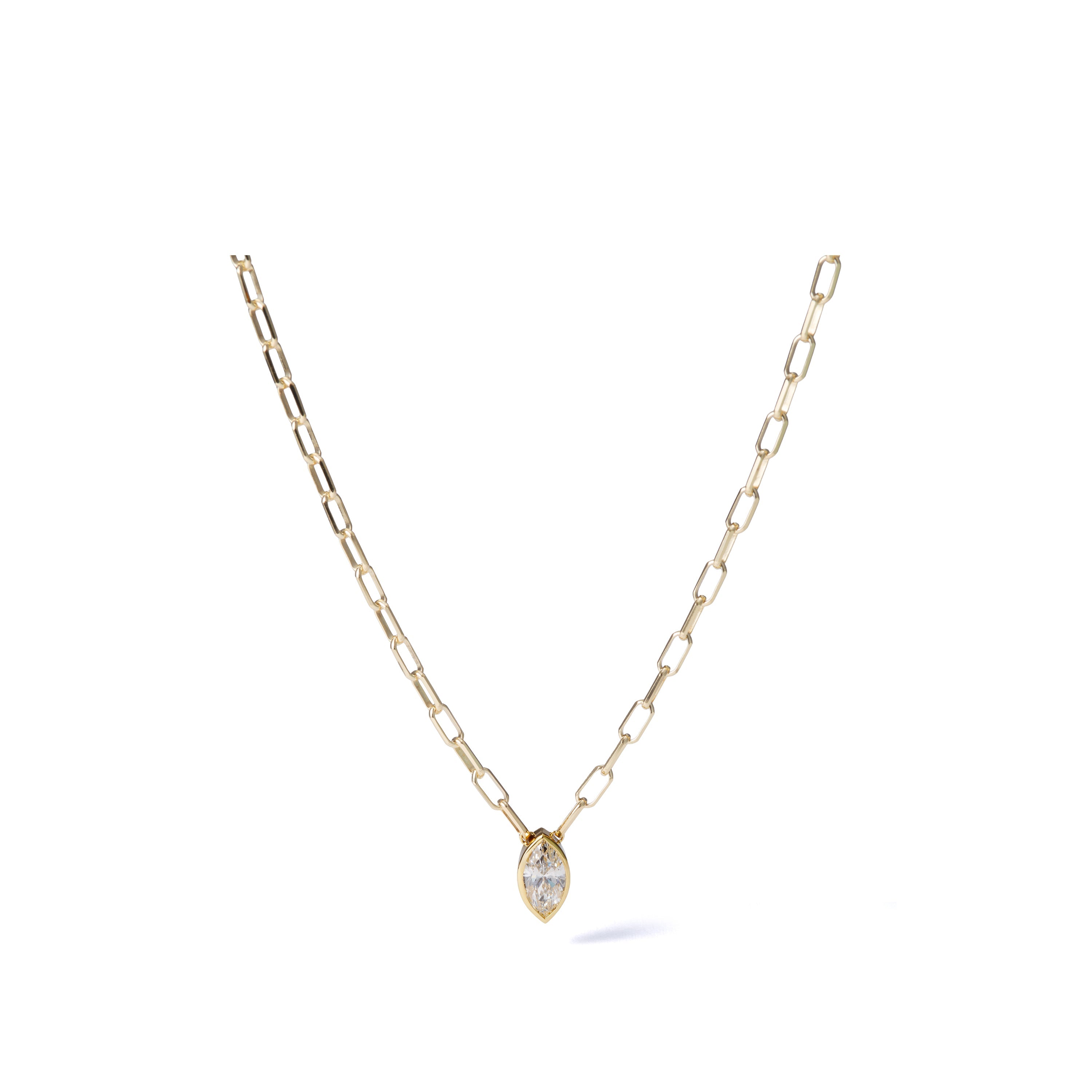 0.77 ct marquise-cut lab-grown diamond necklace in 18K yellow gold azuki chain, full necklace view on a white background.