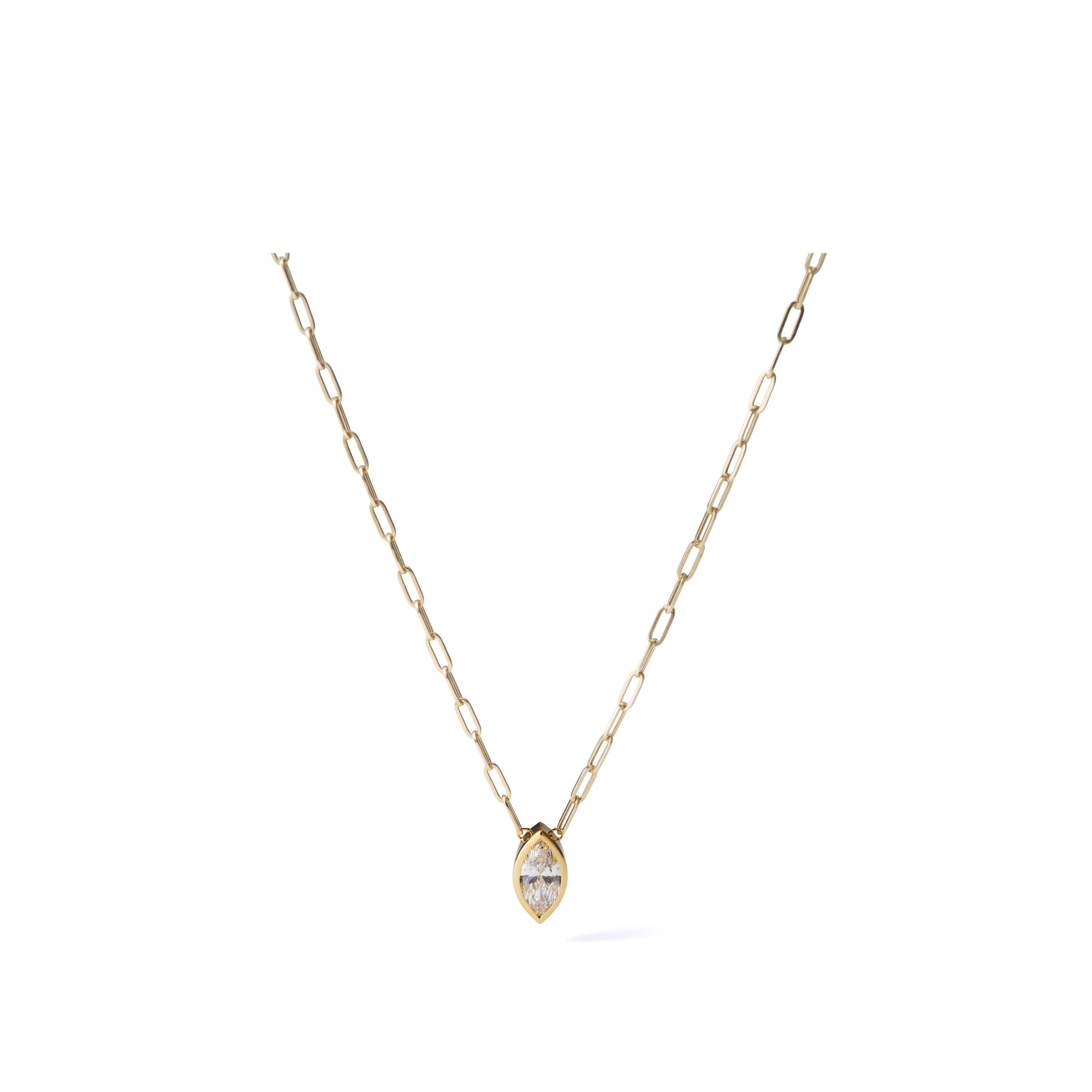 0.79 ct marquise-cut lab-grown diamond necklace in 18K yellow gold azuki chain, full necklace view on a white background.