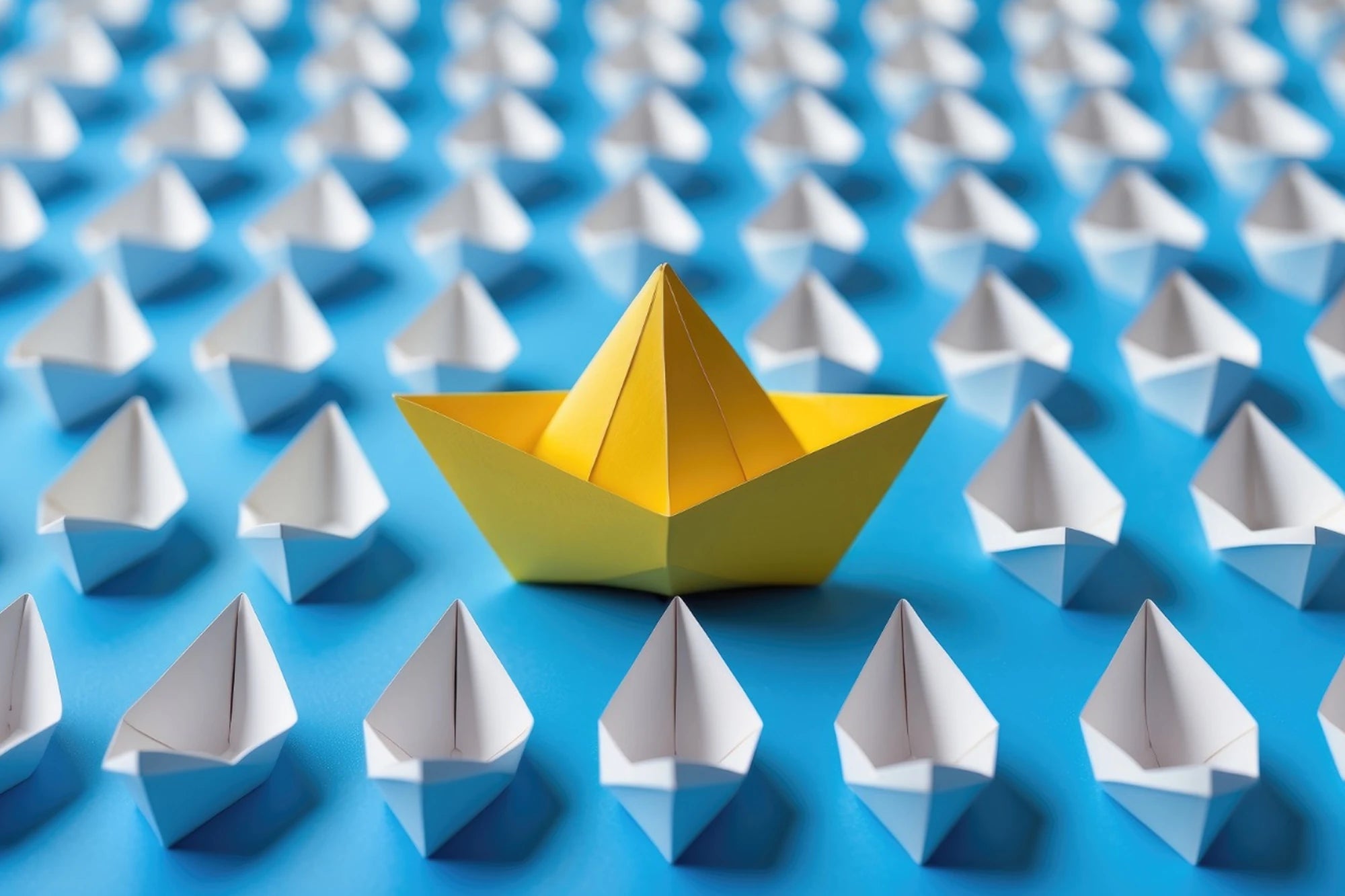 Origami yellow boat standing out among white boats on blue background