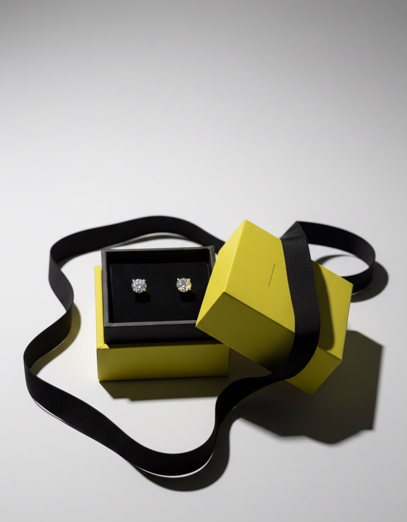 facetsn yellow jewelry gift box with black ribbon and lab-grown diamond stud earrings on light background