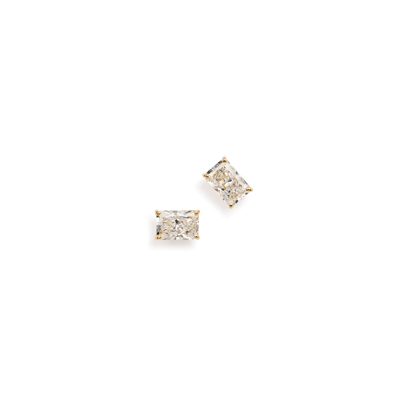 Front view: Long radiant lab diamond stud earrings in 18k yellow gold, 3.0 carat total weight, front view