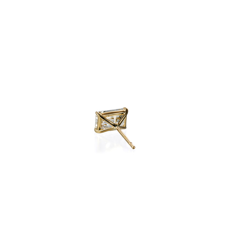 Back view: Long radiant lab diamond stud earrings in 18k yellow gold showing gold backing in silicon jacket, back view