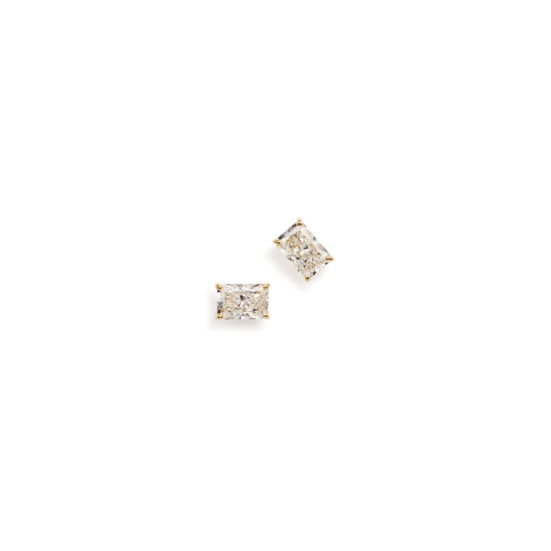 Front view: Long radiant lab diamond stud earrings in 18k yellow gold, 2.0 carat total weight, front view