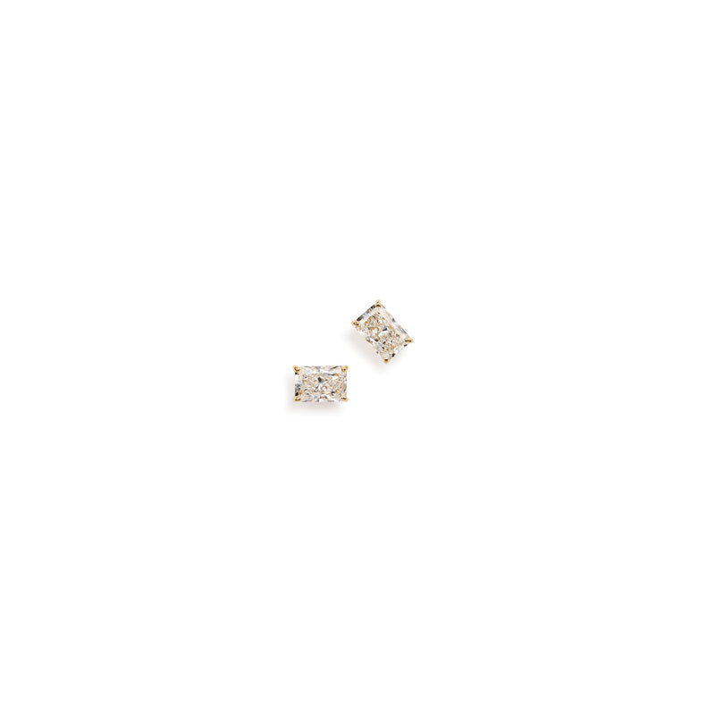 Front view: Long radiant lab diamond stud earrings in 18k yellow gold, 1.5 carat total weight, front view