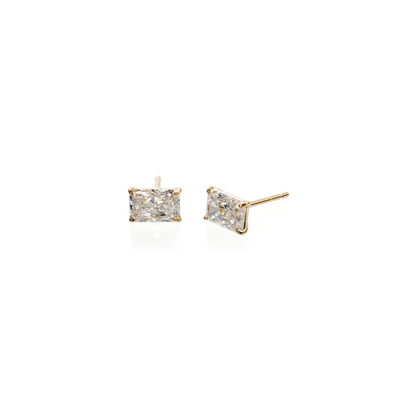 Side view: Long radiant lab diamond stud earrings in 18k yellow gold with martini setting, side profile view
