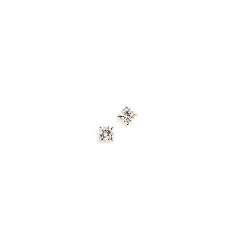 Front view: Cushion cut lab diamond stud earrings in 18k yellow gold, 1.5 carat total weight, front view
