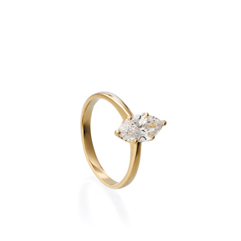 1.02 ct marquise lab-grown diamond ring in 18K yellow gold by FacetsN – 45 degree view