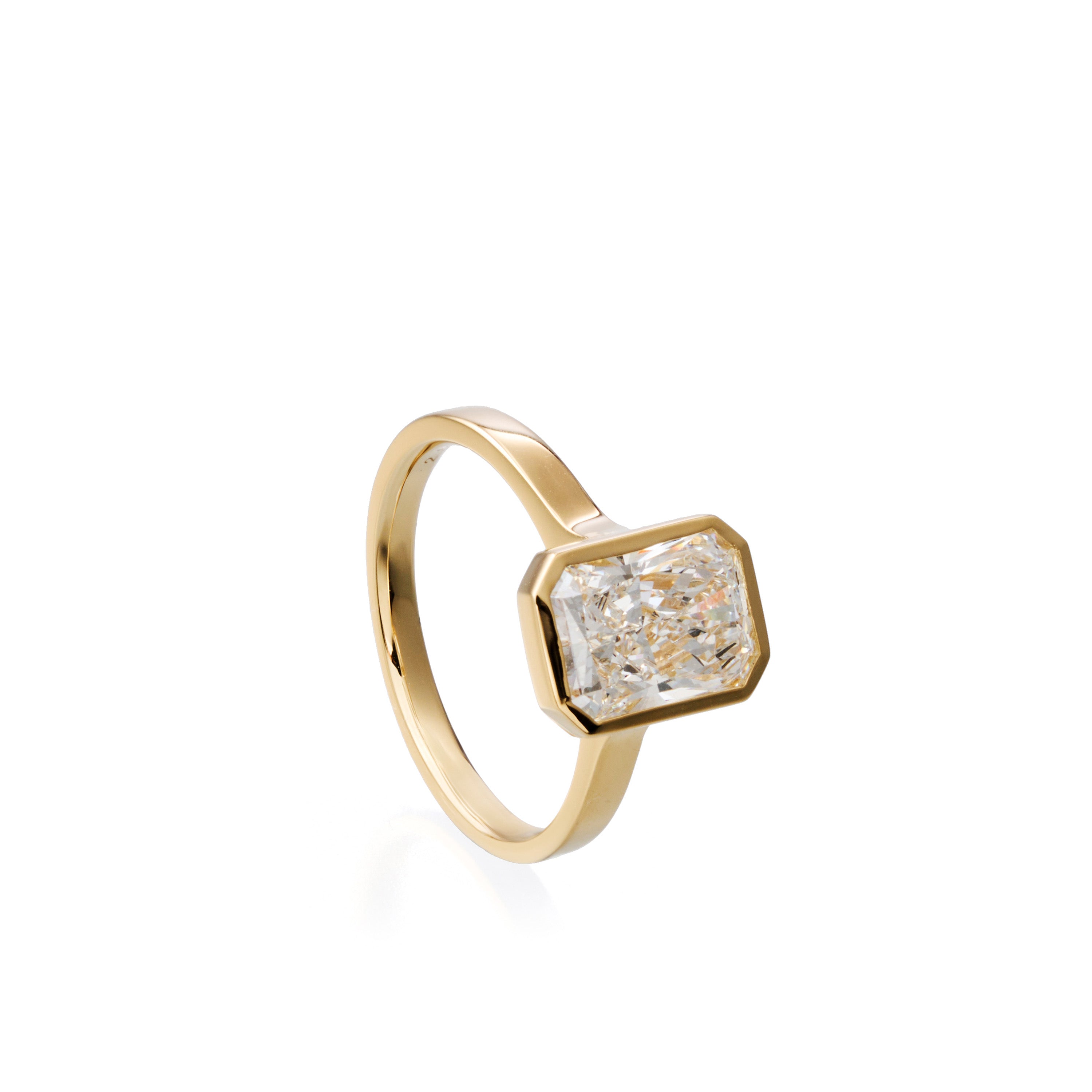 2.51 ct long radiant lab-grown diamond ring in 18K yellow gold by FacetsN – 45 degree view