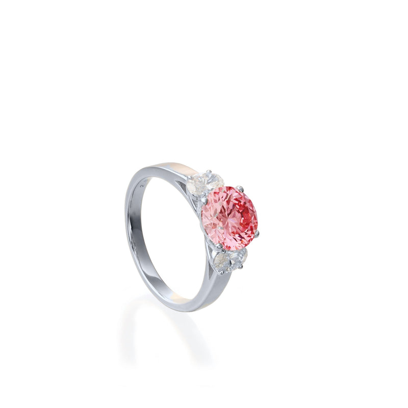 2 ct fancy vivid pink round brilliant lab-grown diamond ring in platinum by FacetsN – 45 degree view