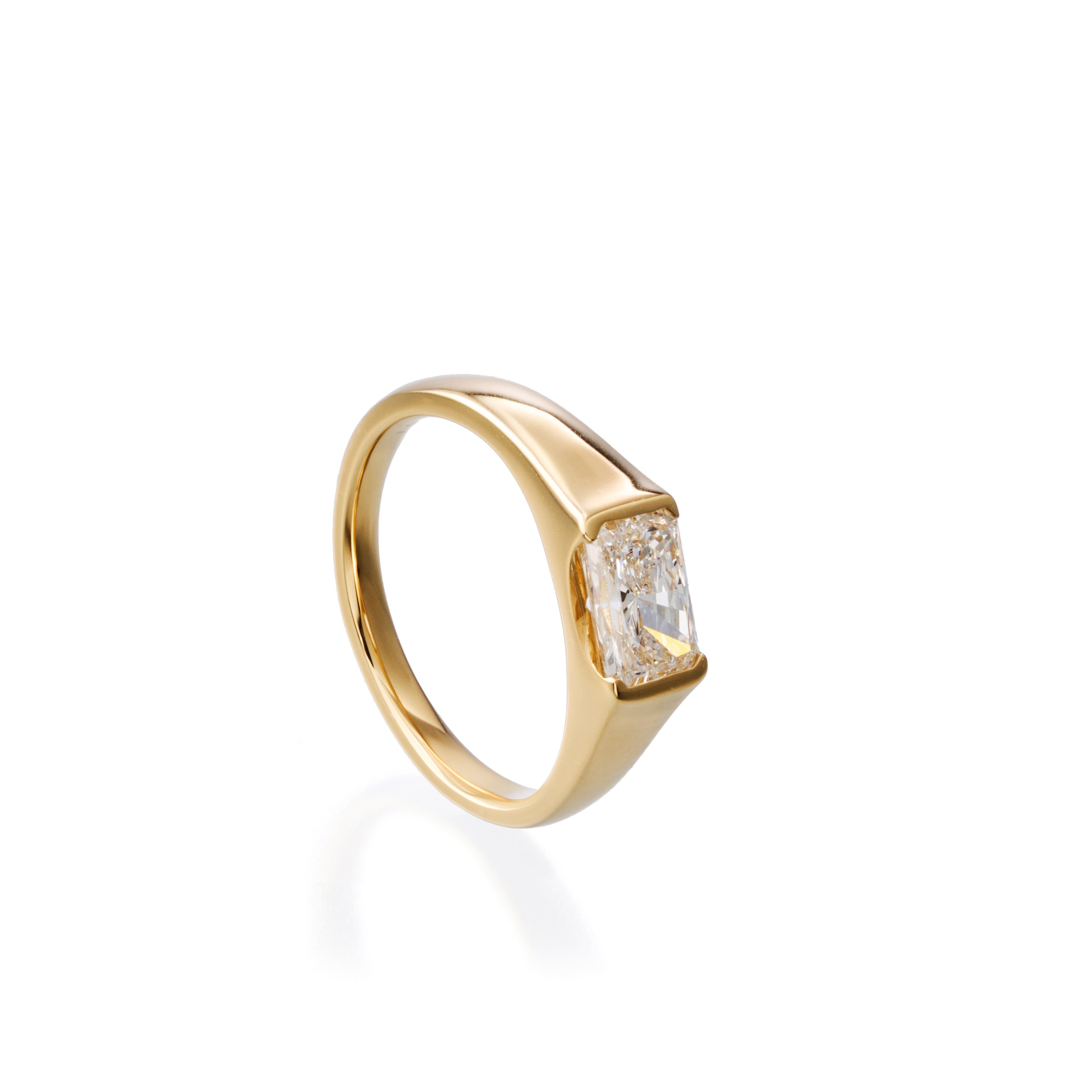 1.04 ct long radiant lab-grown diamond ring in 18K yellow gold by FacetsN – 45 degree view