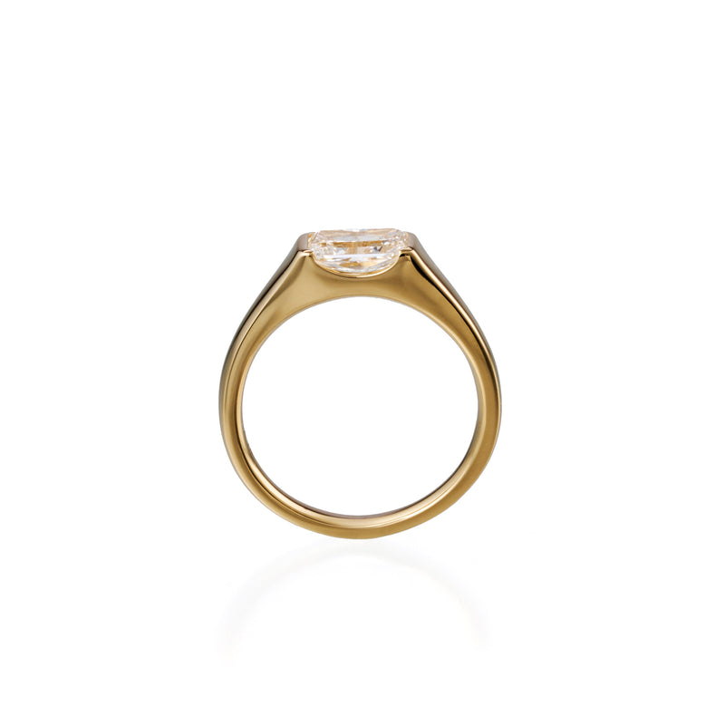 1.04 ct long radiant lab-grown diamond ring in 18K yellow gold by FacetsN – upright view