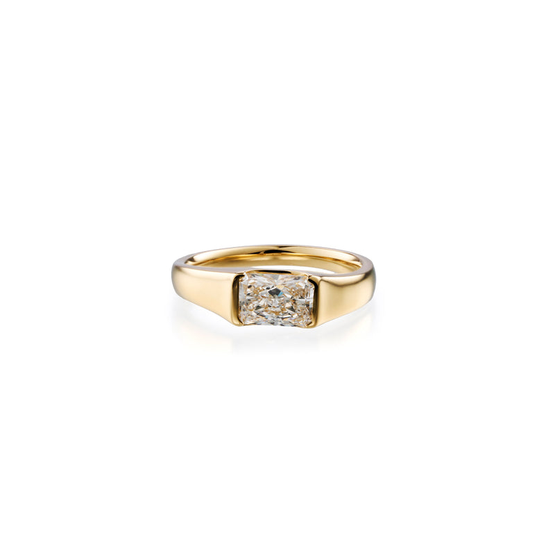 0.75 ct long radiant lab-grown diamond ring in 18K yellow gold by FacetsN – front view