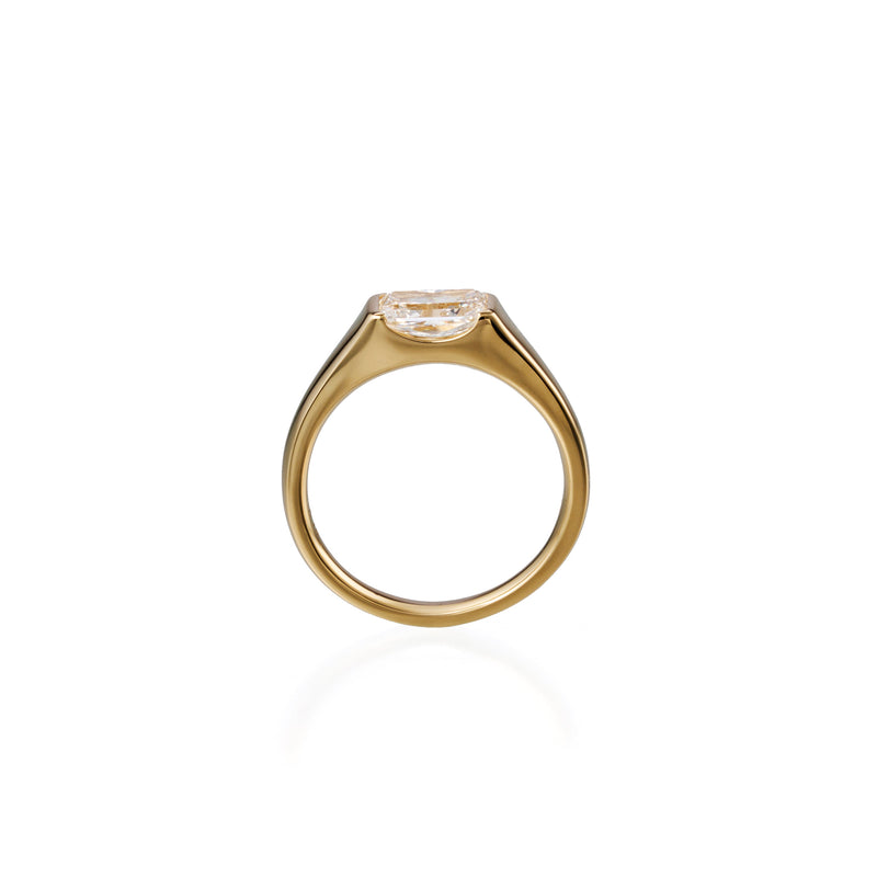 0.75 ct long radiant lab-grown diamond ring in 18K yellow gold by FacetsN – upright view