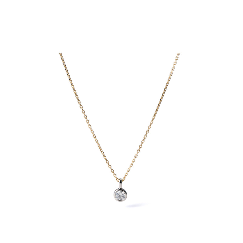 0.53 ct round brilliant lab-grown diamond necklace in platinum pendant with 18K yellow gold chain with bezel set on an azuki chain, full necklace view