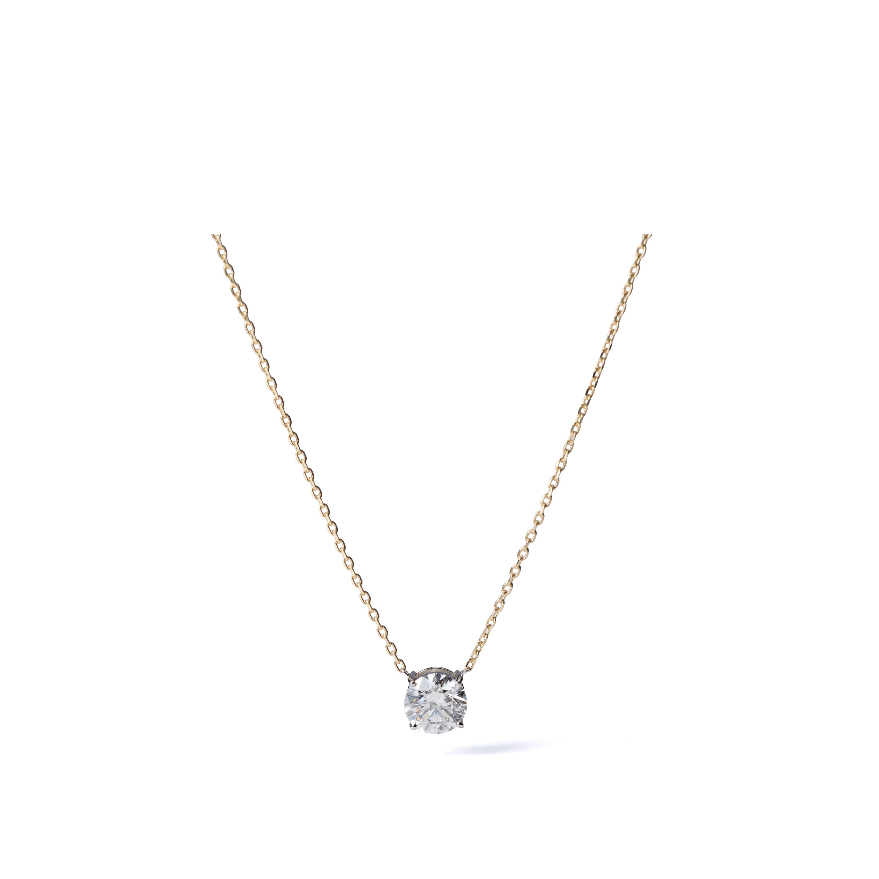 2.0 ct round lab-grown diamond necklace in platinum basket on an 18K yellow gold azuki chain, full necklace view.