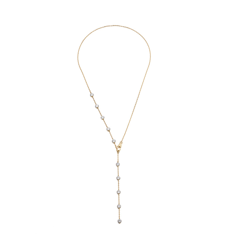 3.0 ct round brilliant lab-grown diamond station lariat necklace in 18K yellow gold on an azuki chain, close-up of the pendant detail