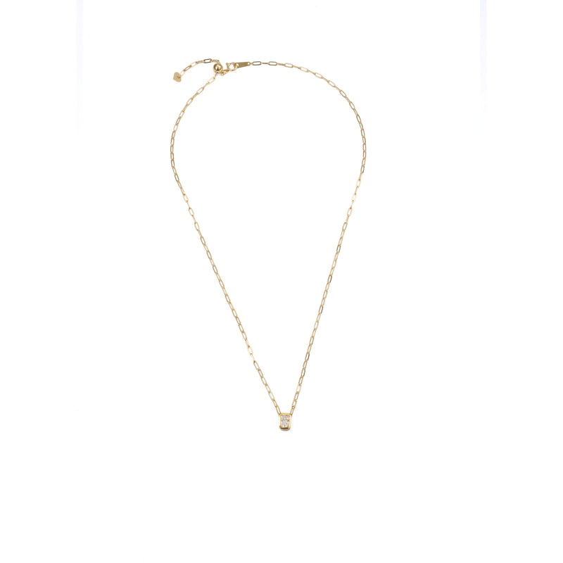0.52 ct long radiant-cut lab-grown diamond necklace in 18K yellow gold azuki chain, close-up of the pendant detail on a white background.
