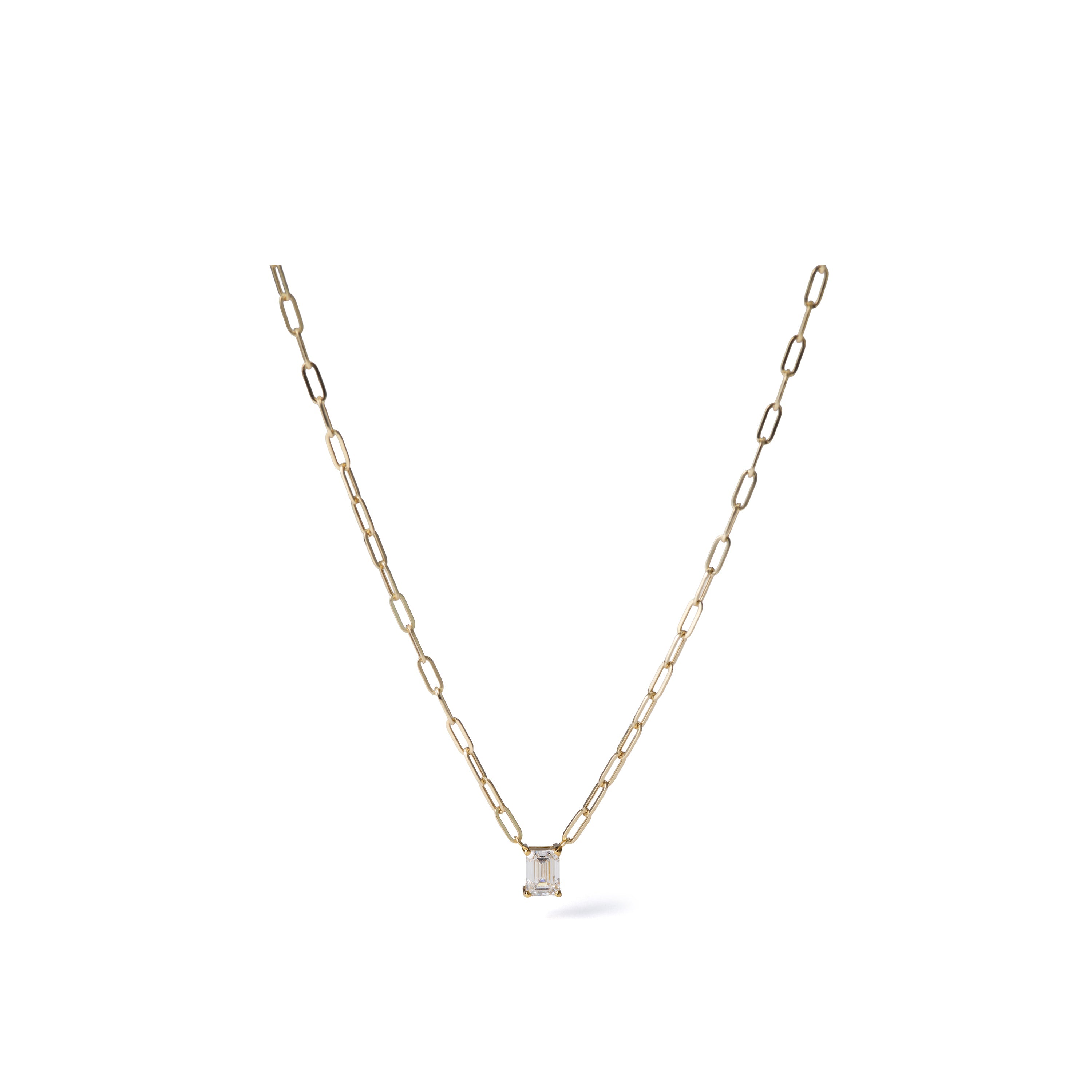 0.56 ct emerald-cut lab-grown diamond necklace in 18K yellow gold Japanese azuki chain, full necklace view on a white background.