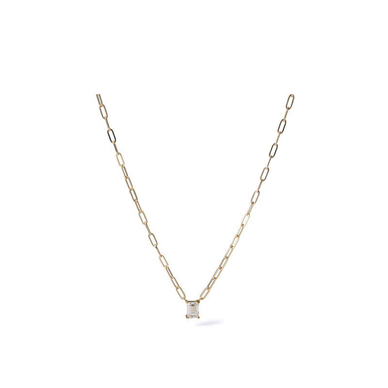 0.56 ct emerald-cut lab-grown diamond necklace in 18K yellow gold Japanese azuki chain, full necklace view on a white background.