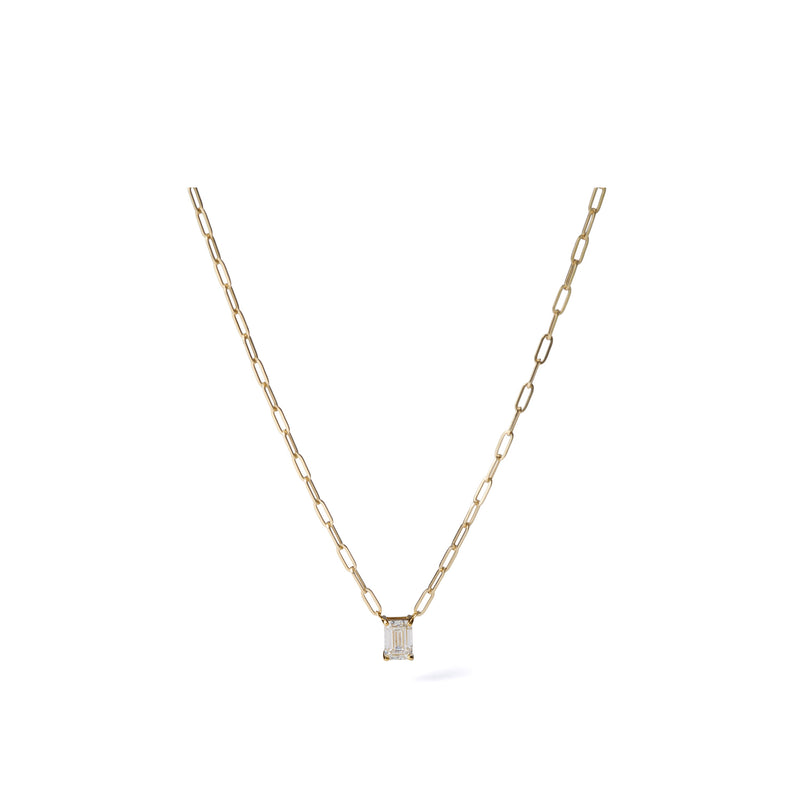 0.74 ct emerald-cut lab-grown diamond necklace in 18K yellow gold azuki chain, full necklace view on a white background.