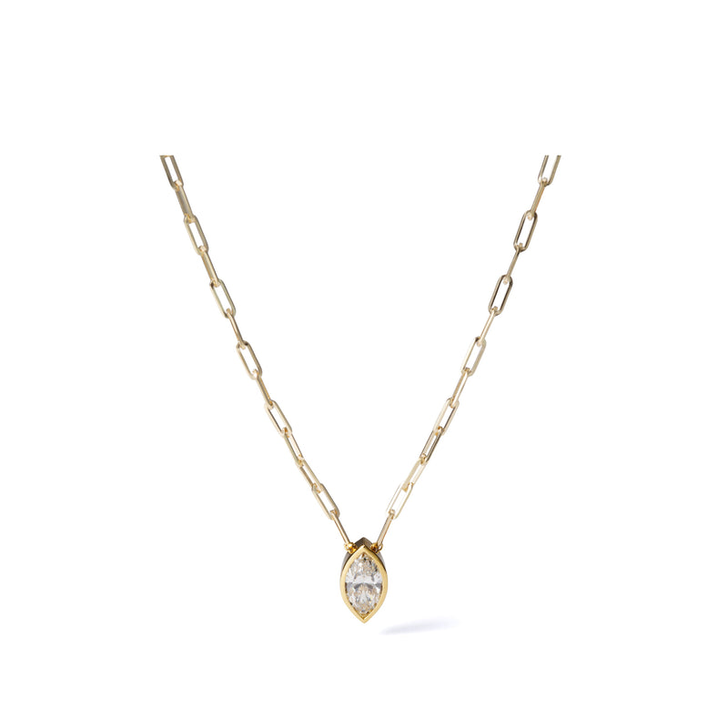 1.54 ct marquise-cut lab-grown diamond necklace in 18K yellow gold azuki chain, full necklace view on a white background.