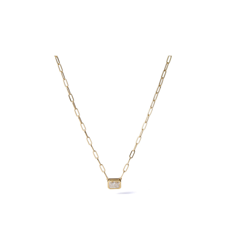 0.50 ct long radiant lab-grown diamond necklace in 18K yellow gold bezel set east-west on a paperclip chain, full necklace view