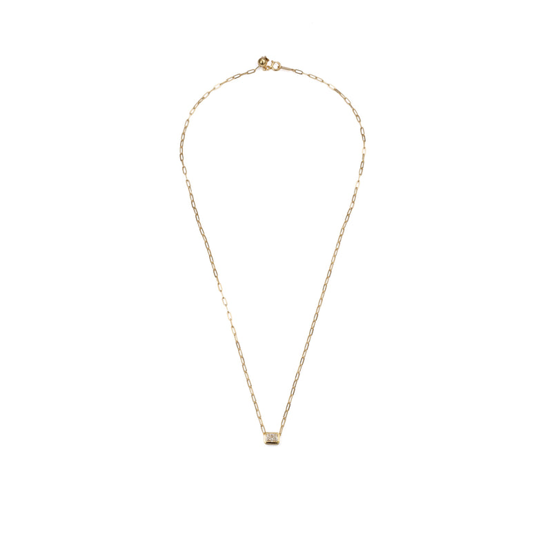 0.50 ct long radiant lab-grown diamond necklace in 18K yellow gold bezel set east-west on a paperclip chain, close-up of the pendant detail