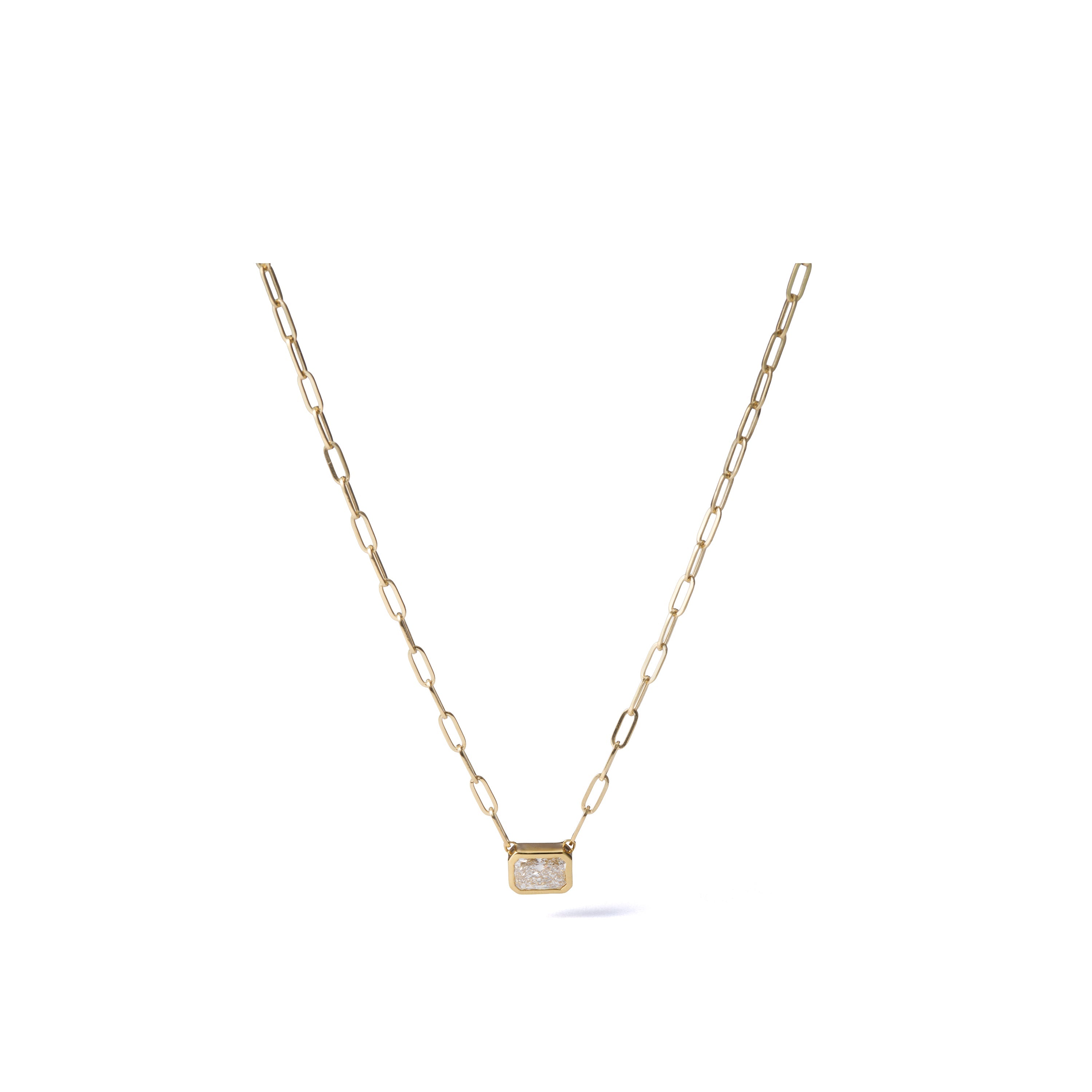 0.51 ct long radiant-cut lab-grown diamond necklace in 18K yellow gold azuki chain, full necklace view on a white background.