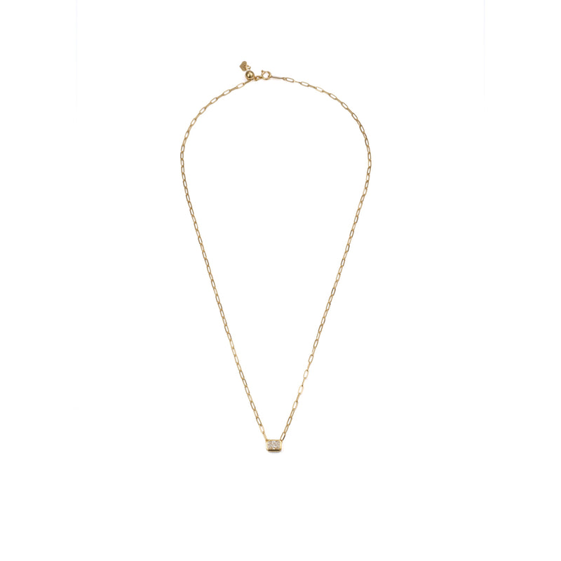 0.51 ct long radiant-cut lab-grown diamond necklace in 18K yellow gold azuki chain, close-up of the pendant detail on a white background.