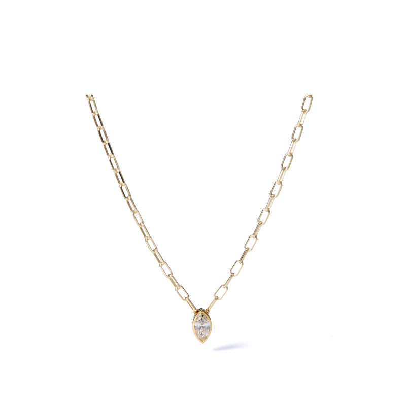 0.77 ct marquise-cut lab-grown diamond necklace in 18K yellow gold azuki chain, full necklace view on a white background.