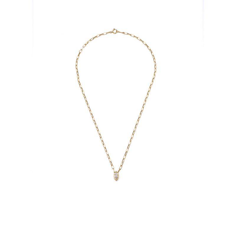 0.77 ct marquise-cut lab-grown diamond necklace in 18K yellow gold Japanese azuki chain, close-up of the pendant detail on a white background.