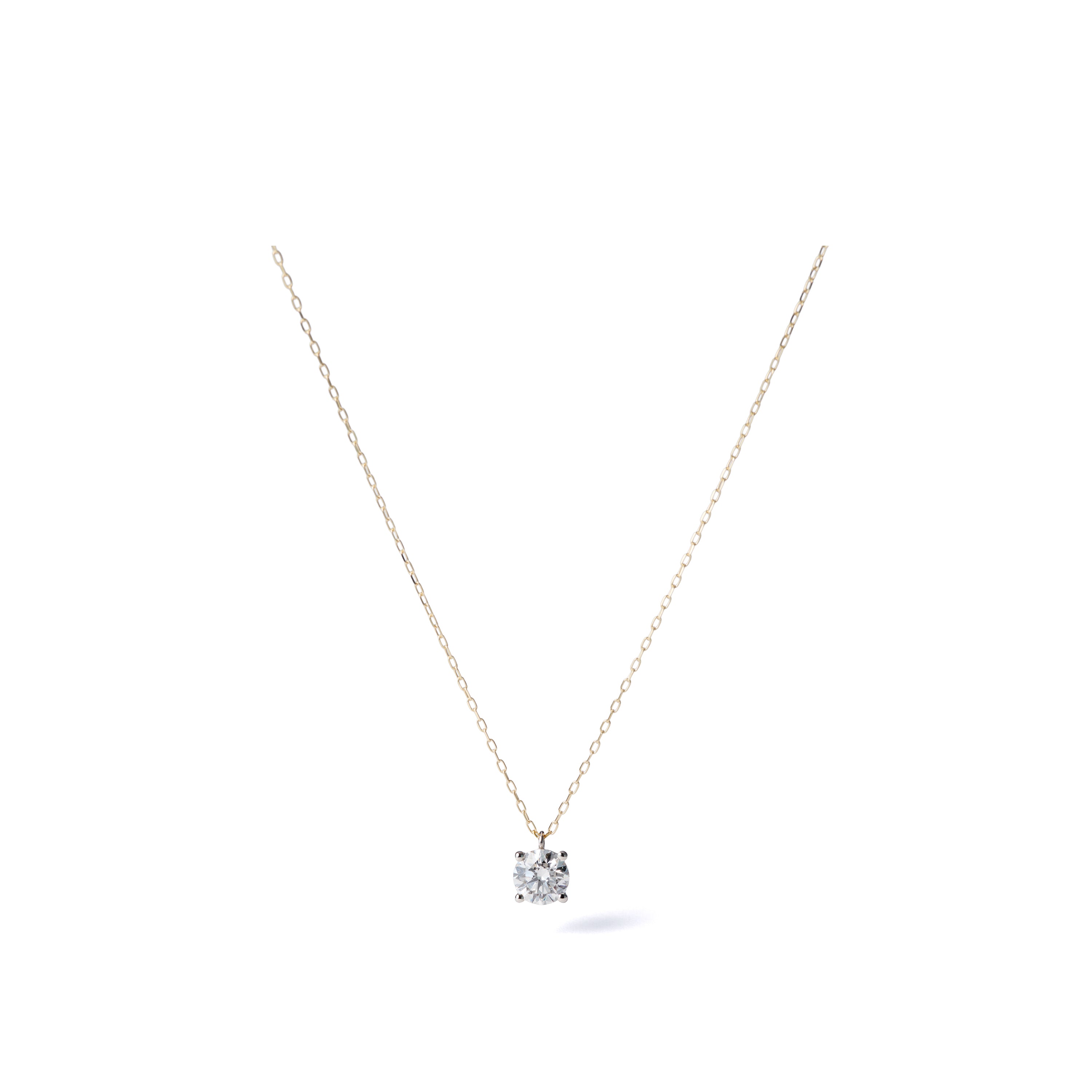 0.75 ct round brilliant lab-grown diamond necklace in platinum basket with an 18K yellow gold azuki chain, full necklace view on a white background.