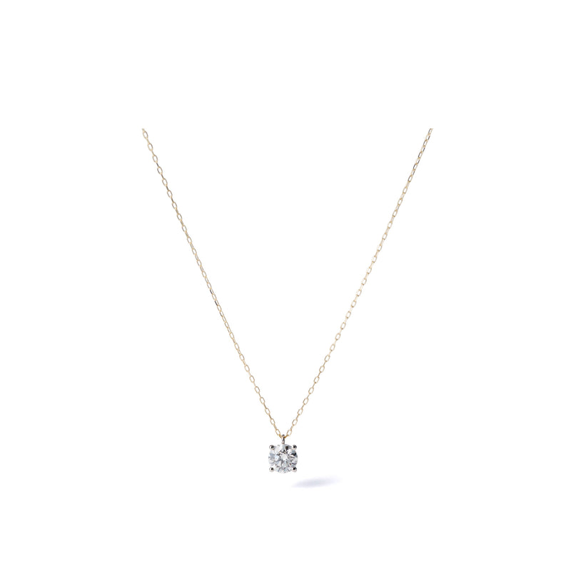 0.75 ct round brilliant lab-grown diamond necklace in platinum basket with an 18K yellow gold azuki chain, full necklace view on a white background.