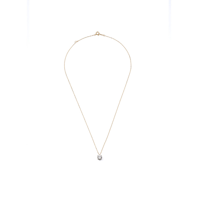 0.75 ct round brilliant lab-grown diamond necklace in platinum basket with an 18K yellow gold  azuki chain, close-up of the pendant detail on a white background.