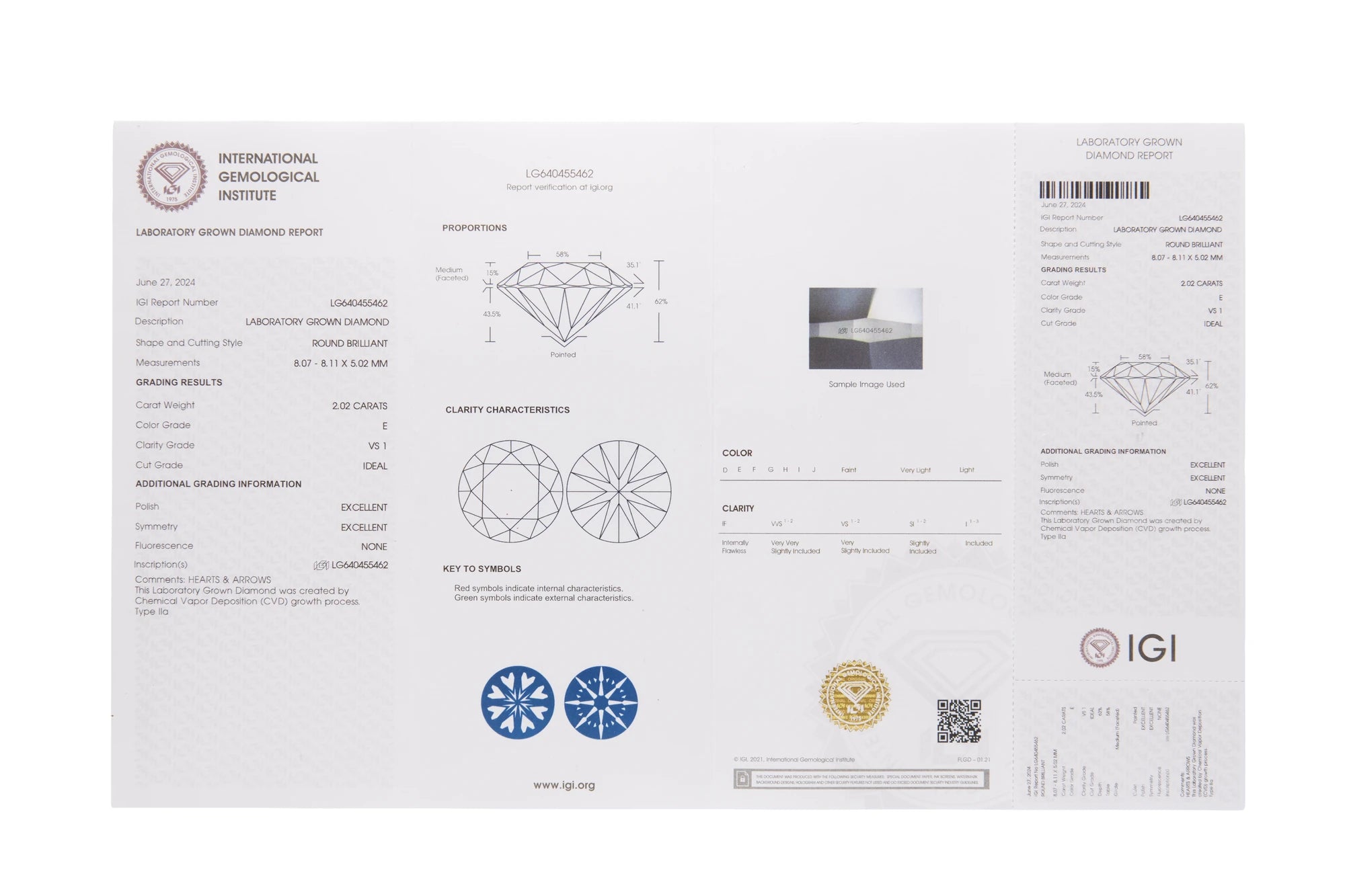 IGI certificate example for a lab-grown diamond